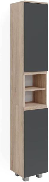 Vicco Hochschrank Badschrank Badezimmermöbel J-shape Sonoma Anthrazit modern 30x190cm Badezimmer Schrank Badmöbel Schranktür Schrankfach Aufbewahrung Ablage