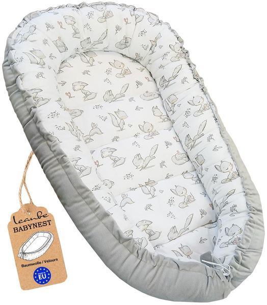 Leanbe Babynest 90x50 cm – Nestchen für Neugeborene aus Baumwolle & Polyester – Kuschelnest fürs Baby, ideal für Herbst & Winter – Babybett für Indoor & Outdoor (Grau)