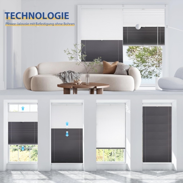 Sekey Plissee Doppelplissee Day+Night Verdunkelung ohne Bohren verspannt Lichtschutz, Klemmfix, 60x100 cm Weiß und Grau Bild 5