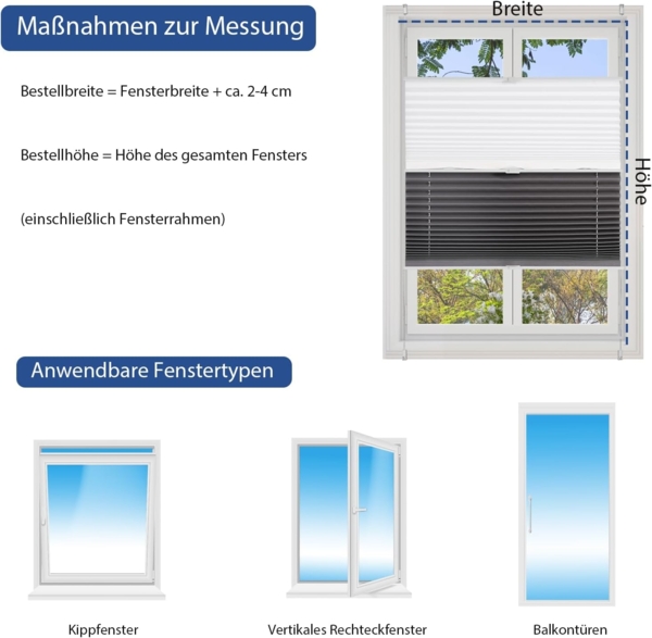 Sekey Plissee Doppelplissee Day+Night Verdunkelung ohne Bohren verspannt Lichtschutz, Klemmfix, 60x100 cm Weiß und Grau Bild 7