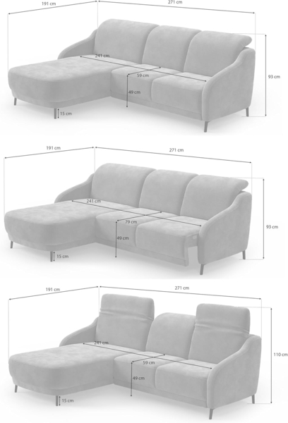 CAVADORE Ecksofa Blue/Moderne Eckcouch mit Longchair, Inkl. Kopfteilverstellung, Vorziehsitz motorisch, Klapptisch, USB-Anschluss und mattschwarzen Metallfüßen / 271 x 93 x 191 / Flachgewebe, Beige Bild 3