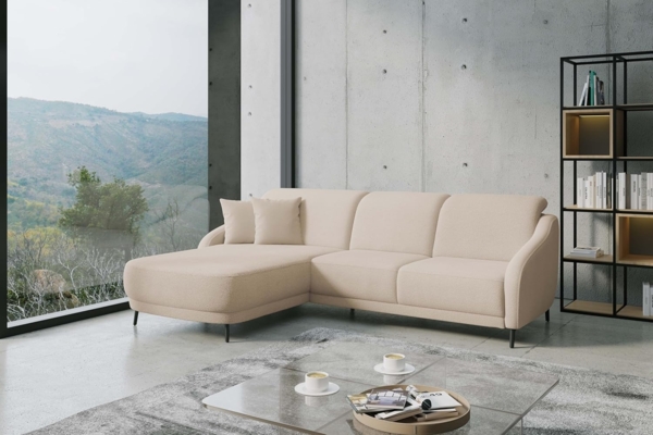 CAVADORE Ecksofa Blue/Moderne Eckcouch mit Longchair, Inkl. Kopfteilverstellung, Vorziehsitz motorisch, Klapptisch, USB-Anschluss und mattschwarzen Metallfüßen / 271 x 93 x 191 / Flachgewebe, Beige Bild 2