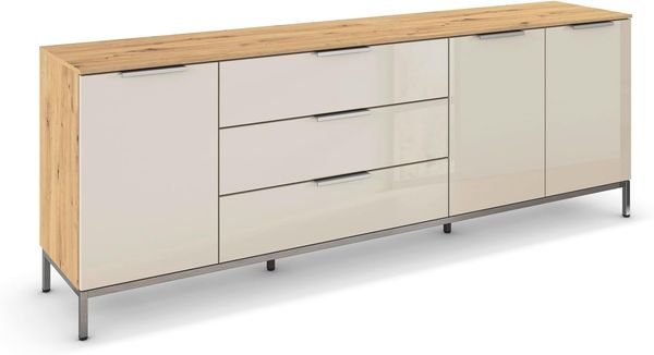 Rauch Möbel Flipp, Nachttisch für Schlafzimmer, Flur, Garderobe, 3-türig, 3 Schubladen, mit Softclose-Funktion, Griffe und Metallkufe Chrom, Farbe Eiche Artisan, Holz/Glas Beige, Breite 199 cm