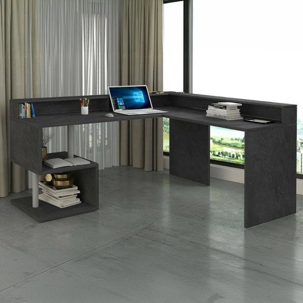 Dmora - Schreibtisch Sansone, Eckschreibtisch mit Ablagefächern, Mehrzweck-Büroschreibtisch mit Platte, 180 x 92,5 x 160 cm, Schiefer