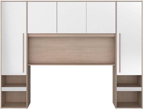 Vente-unique - Bettüberbau mit Stauraum & LEDs - L. 265 cm - Weiß glänzend & Holzfarben - VELONA