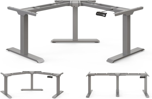 DESQUP Corner Elektrisch höhenverstellbarer Eckschreibtisch | Ergonomischer winkelverstellbarer Steh-Sitz Tisch mit Memoryfunktion | Winkelschreibtisch der Rücken- & Nackenschmerzen vorbeugt (Grau)