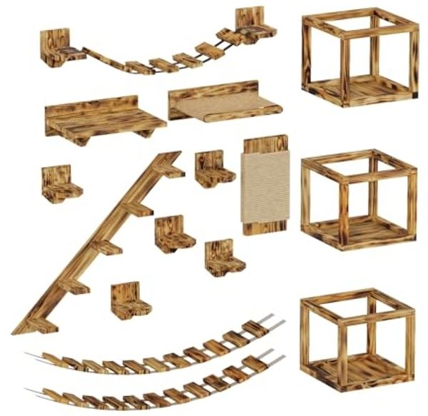 QLS Katzen-Kletterwand Deckenmontage und Wandmontage Geflammt 15-tlg, Set XXL Hängebrüke Katzenbett Katzenregal