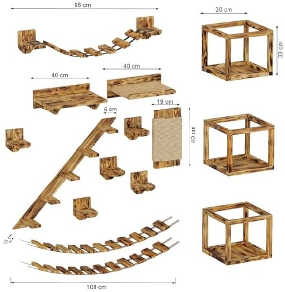 QLS Katzen-Kletterwand Deckenmontage und Wandmontage Geflammt 15-tlg, Set XXL Hängebrüke Katzenbett Katzenregal Bild 2