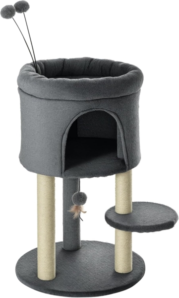 PawHut Kratzbaum Katzenbaum mit Katzenhöhle und Spielball Plüsch Grau+Cremeweiß, 44.5 x 44.5 x 73.5 cm