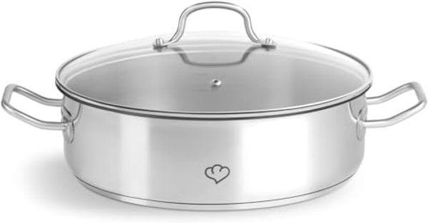 Springlane Schmortopf Edelstahl 28cm, 5 L, Schmor- und Servierpfanne, Induktion, Edelstahl, kratzfest & unbeschichtet, Alle Herdarten, Glasdeckel mit Dampfloch
