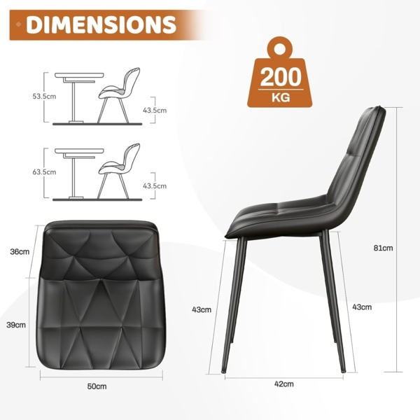 Clevich Esszimmerstühle Bis 200 kg, PU Polsterstuhl, Metallbeine, Stabil, Komfortabel, Einfache Montage, Küchenstühle 81 x 57 x 50CM (Schwarz, 6 Stück) Bild 3
