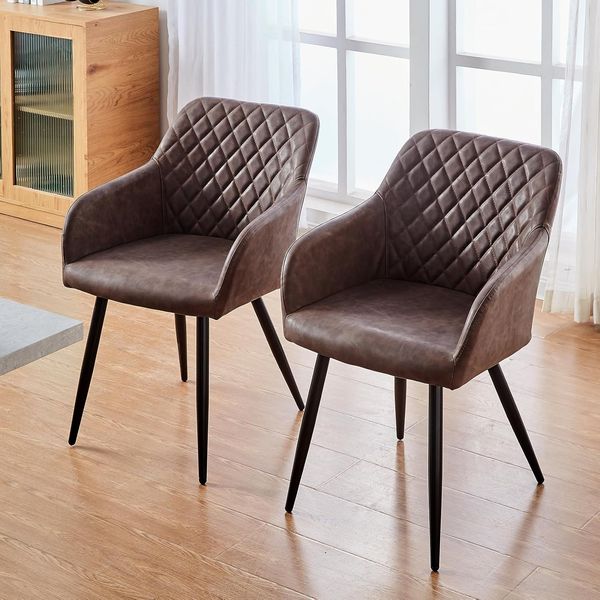 TUKAILAI Esszimmerstühle 2er Set aus Kunstleder, Modern Küchenstuhl Polsterstuhl Wohnzimmerstuhl Sessel mit Armlehnen Rückenlehne Metallbeinen, für Küche Esszimmer Wohnzimmer Lounge,Braun