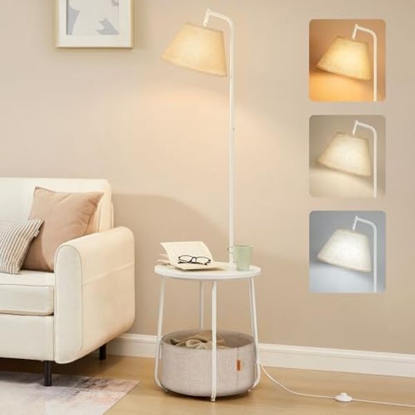 VASAGLE Beistelltisch mit Lampe, 3-in-1, Stehlampe mit Tisch und Korb aus Stoff, für Wohnzimmer, Nachttisch, LED-Glühbirne, Licht und Lampenschirm einstellbar, Stahlrahmen, mattweiß