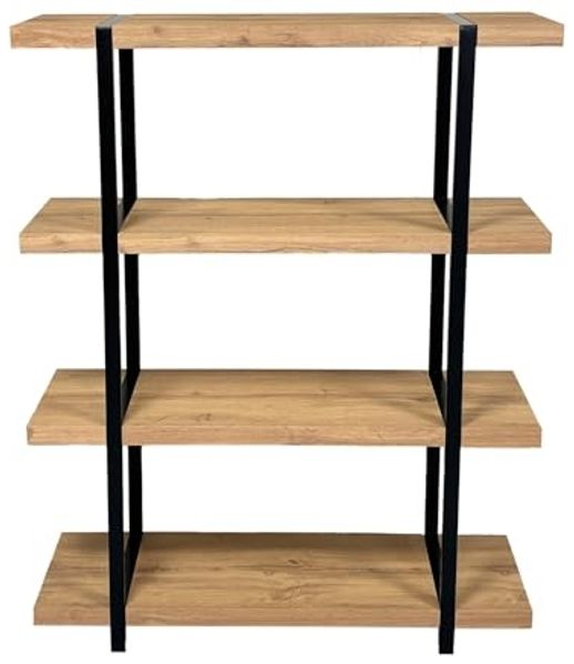 DRW Bodenregal mit 4 Regalböden aus schwarzem und natürlichem Metall, 100 x 30 x 130 cm
