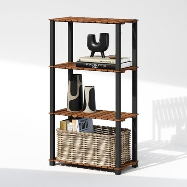 Furinno Turn-N-Tube Ausstellungsregal, 4-stufiges Aufbewahrungsregal, Bücherregal, Eckregal mit Holzlatten, für Innenbereich, Außenbereich, Wohnzimmer, Helles Holz
