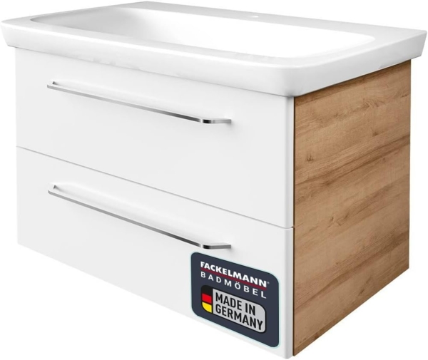 FACKELMANN MILANO Waschtisch mit Unterschrank, 88 cm breit, Braun hell/Weiß, Waschbecken Keramik