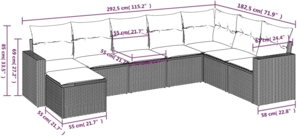 vidaXL 8-tlg. Garten-Sofagarnitur mit Kissen Beige Poly Rattan 3251696 Bild 3