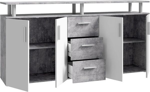 Forte BALLATA Sideboard 180, modernes Sideboard mit Ablage-Aufsatz, 4-türig, 3 Schubladen, Wohnzimmer, Flur, Holzwerkstoff, Weiß mit Betonakzenten, 179 cm breit x 90,3 cm hoch x 38,2 cm tief Bild 6