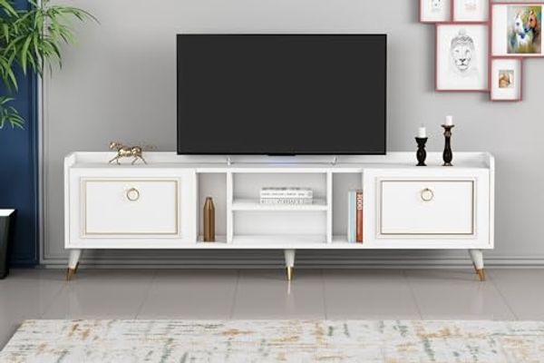 Hanah Home Elegant TV Stand with Wall-Mount Option, White & Gold, 180 cm | 100% Melamine Coated Particle Board, 18 mm Thick | Multiple Shelves, Modern Design