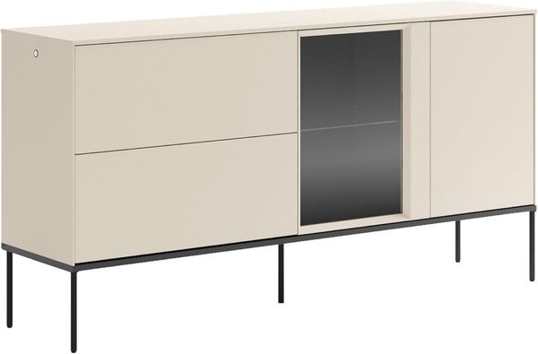 Selsey Sideboard Schwarz Einzeltürige Kommode 166cm Lang mit Mattcreme/Laminat & Gehärtetem Glas Integriertes Eye-LED-Licht - Modernes Design mit Push-to-Open & ABS-Kantenverstärkung