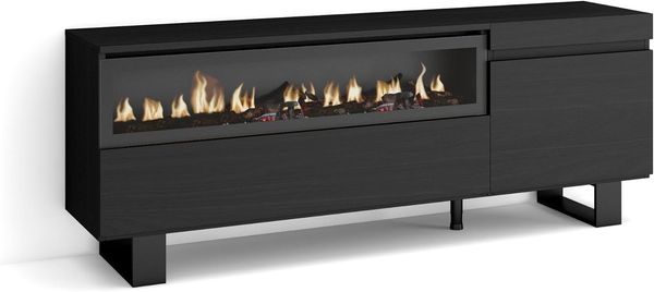 Skraut Home | TV-Schrank, Lowboard | für Wohnzimmer und Esszimmer | 150 x 57 x 35 cm | Für TV-Geräte bis zu 65" | Elektrokamin. Maße | Industriedesign | Moderner Stil | Schwarz