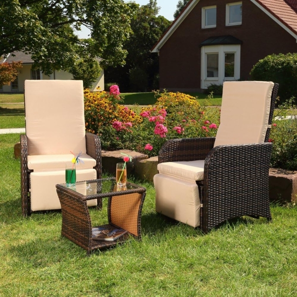Gartenset 2 Sessel und Tisch Polyrattan Sitzgarnitur Gartenmöbel Lounge Braun