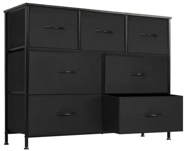 DUMOS Kommode für Schlafzimmer mit 7 Stoffschubladen, hohe Kommode Organizer für Kleidung, Schrank Kinderzimmer, Aufbewahrungsturm mit Schrank, Metallrahmen, Holzplatte, leichte Kinderzimmermöbel