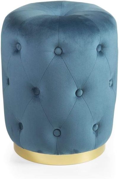 Baroni Home Zylindrischer Gesteppter Hocker mit Goldenem Sockel, Fußhocker im Glam-Stil, Hocker für Wohn- und Schlafzimmer, eleganter Pouf-Hocker, Blau, 36 x 36 x 47 cm