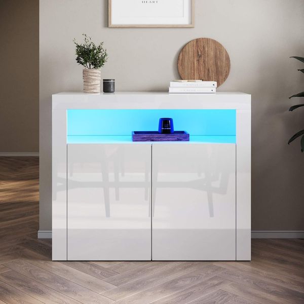 SONNI Kommode Sideboard mit LED Beleuchtung(12 Farben können eingestellt Werden) Weiß Hochglanz Wohnzimmermöbel Wohnzimmerschrank Standschrank