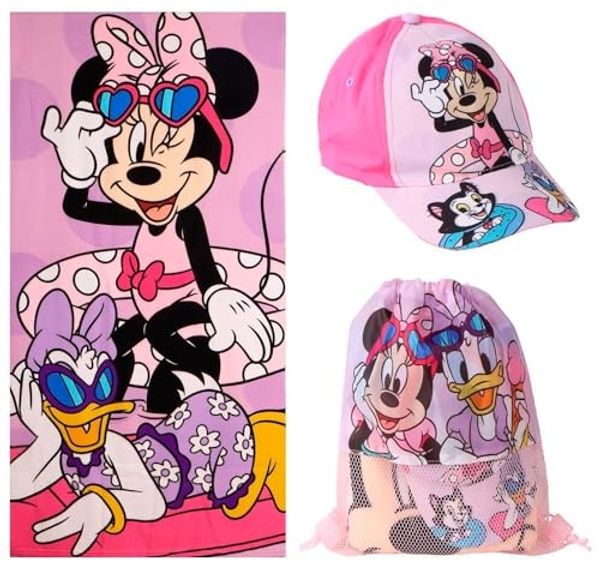 Disney Minnie Mouse Strandtuch Strand Set Kinder Badetuch 70 × 140 cm Cap Turnbeutel
