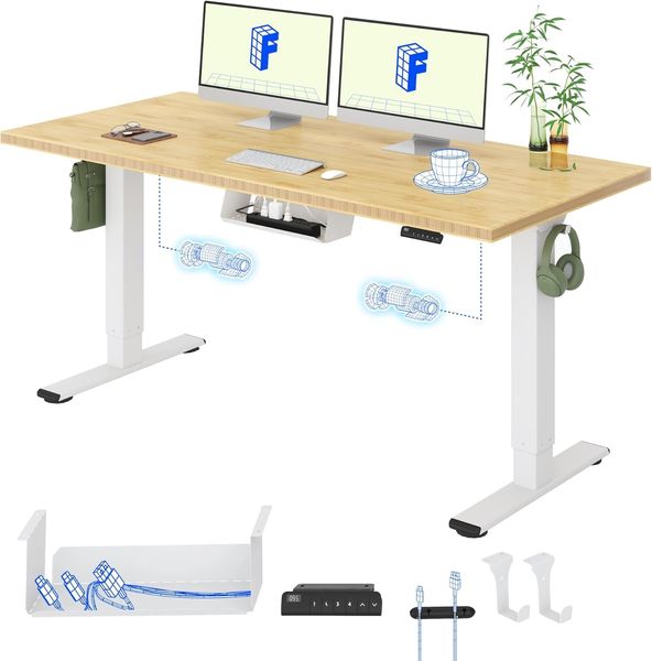 FLEXISPOT Höhenverstellbarer Schreibtisch mit 2 Motoren und einteiliger Tischplatte – Ergonomischer Bürotisch, 160x80 cm, Bambus-Tischplatte (19 mm), weißes Gestell