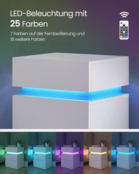 Vasagle Nachttisch mit LED-Beleuchtung, Beistelltisch, einstellbare Farben, Sofatisch mit 3 Schubladen, Nachtschrank für Schlafzimmer, Wohnzimmer, modern, 35 x 40 x 55 cm, weiß Bild 5