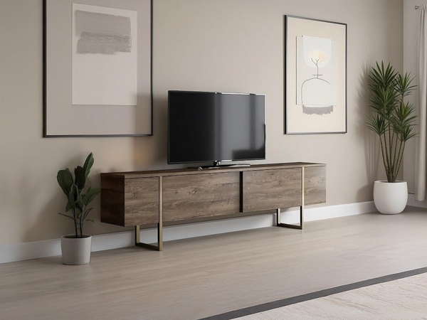 Vente-unique - TV-Möbel mit 2 Türen - Dunkel-Natur & Gold - ZIRELDA Bild 6