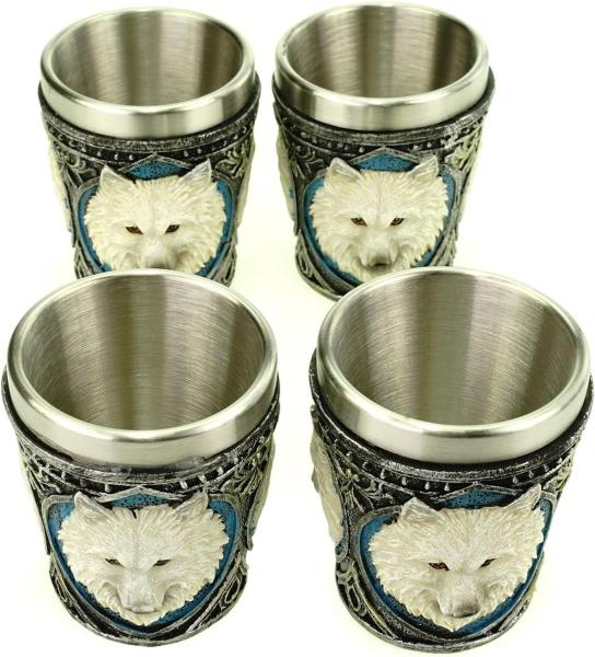 Vogler 816-1270 4er Set Shotglas Weißer Wolf mit Stahleinsatz Glas Whiskyglas