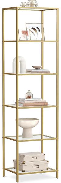 Vasagle Standregal mit 6 Ablagen, Glas, Metall, Gold, 30 x 40 x 177,3 cm