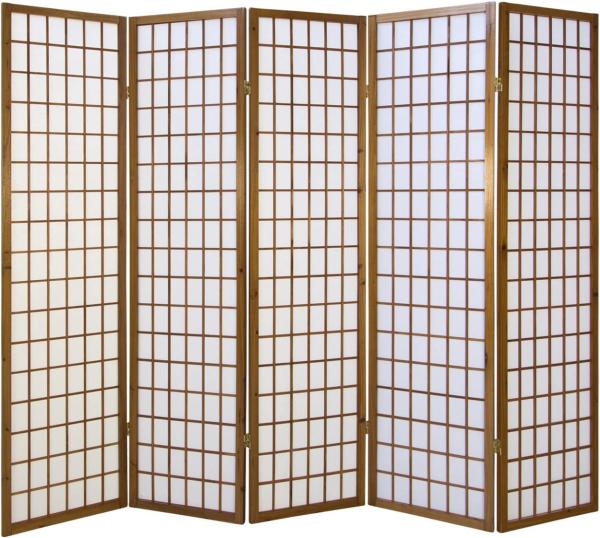 Homestyle4u Paravent 5-tlg., Holz tabak, Reispapier weiß, 220x175 cm