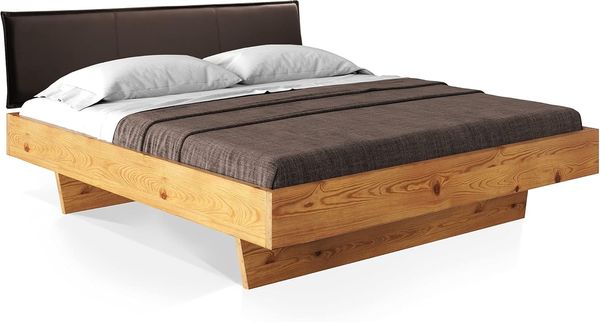 Möbel-Eins CURBY Wangenbett mit Polster-Kopfteil, Material Massivholz, rustikale Altholzoptik, Fichte gebürstet Natur 200x200 cm Kunstleder Braun ohne Steppung