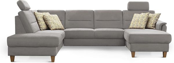 CAVADORE U-Form-Sofa Palera / Federkern-Wohnlandschaft mit Schlaffunktion, Stauraum und 2 Kopfstützen / 314 x 89 x 212 / Mikrofaser, Hellgrau