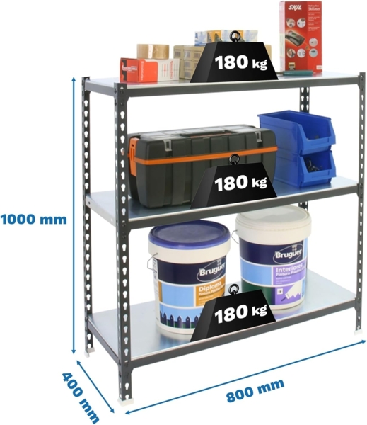 Simonrack Schwerlastregal, Lagerregal, 100 x 80 x 40 cm, Metallregal, Kellerregal, Biegestelle 180 kg, 3 Fachböden, Anthrazit/Weiss - Simonclick Bild 3