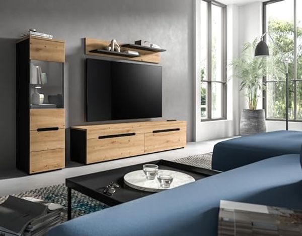 Wohnzimmer-Set >Canu< in Basalt Grau / Artisan - 221x141x33cm (BxHxT)
