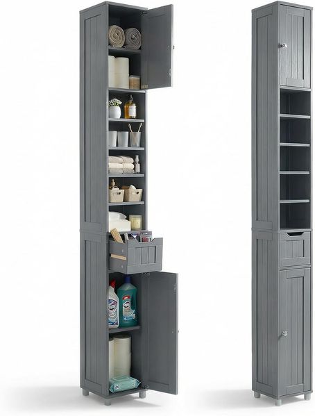 VOUNOT Badezimmerschrank Hoch mit 2 Türen und 1 Schublade, Badschrank Schmal, Badezimmer Hochschrank, 20 x 20 x 180 cm, Grau