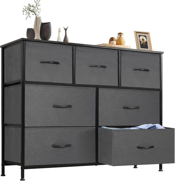 DUMOS Kommode für Schlafzimmer mit Stoffschubladen hohe Organizer für Kleidung Schrank Kinderzimmer Aufbewahrungsturm mit Schrank Metallrahmen Holzplatte leichte