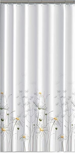 Ekershop Duschvorhang Textil Daisy Gänseblümchen Weiß und Gelb für Duschstange Breite 240 cm (inkl. Ringe), Höhe 200 cm, wasserabweisend, waschbar, bügelbar