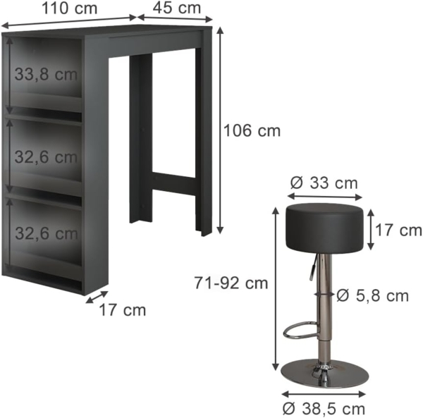 Vicco Bartisch-Set Anthrazit 45x110 cm mit 2 Barhockern, Repose Bild 3