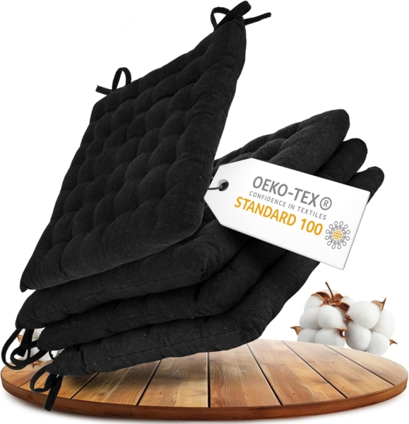Gräfenstayn Stuhlkissen 4er-Set in 40x40cm und 5cm dicker Polsterung aus 100% Baumwolle, robustes Sitzkissen für Indoor & Outdoor, mit Haltebändern