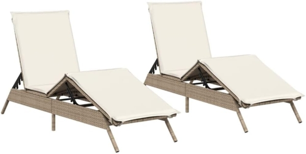 2 Sonnenliegen mit Auflagen Beige Poly Rattan