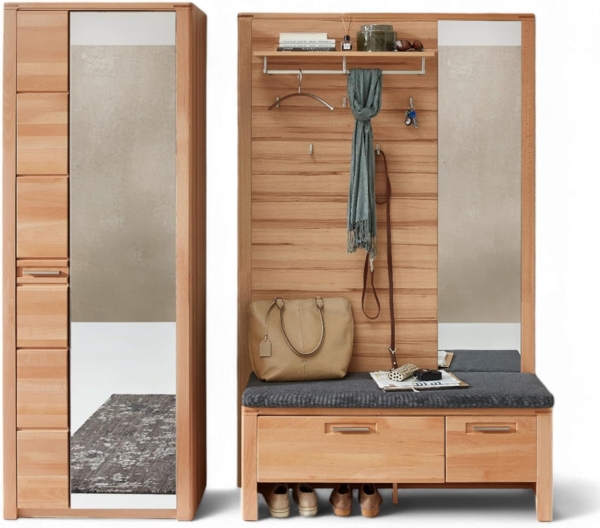 Stella Trading Nature ONE Flurgarderoben Set in Kernbuche Teil-massiv FSC-Zertifiziert - Modernes Garderobenset 3-teilig für Ihren Eingangsbereich - 209 x 201 x 40 cm (B/H/T)