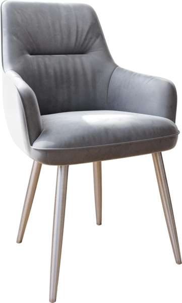 Esszimmerstuhl Zelia-Flex mit Armlehnen Samt Grau 4-Fuß konisch Edelstahl Taschenfederkern