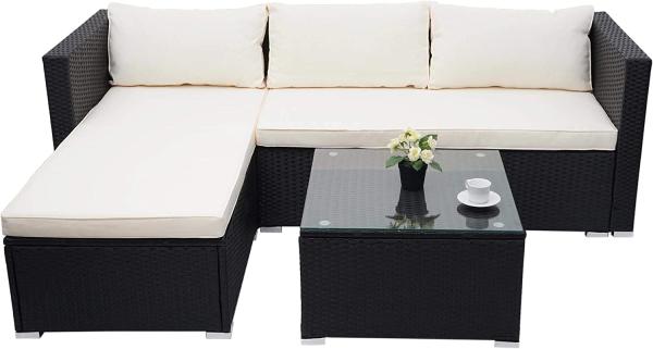 Poly-Rattan Garnitur HWC-F57, Balkon-/Garten-/Lounge-Set Sofa Sitzgruppe ~ schwarz, Kissen creme ohne Deko-Kissen