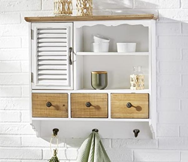 Hängeschrank "White Cottage" im Landhausstil aus Holz, weiß, im Shabby Look, 1 Tür & 3 Schubladen + 3 Haken, Wandschrank